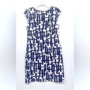 Tahari Navy and White Abstract Print Sheath Dress